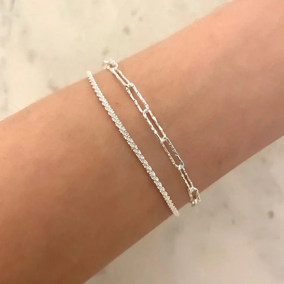 925 Sterling Silver Thin Multi Layer Bracelet Sequin Paperclip Link Bracelet - Picture 2 of 5